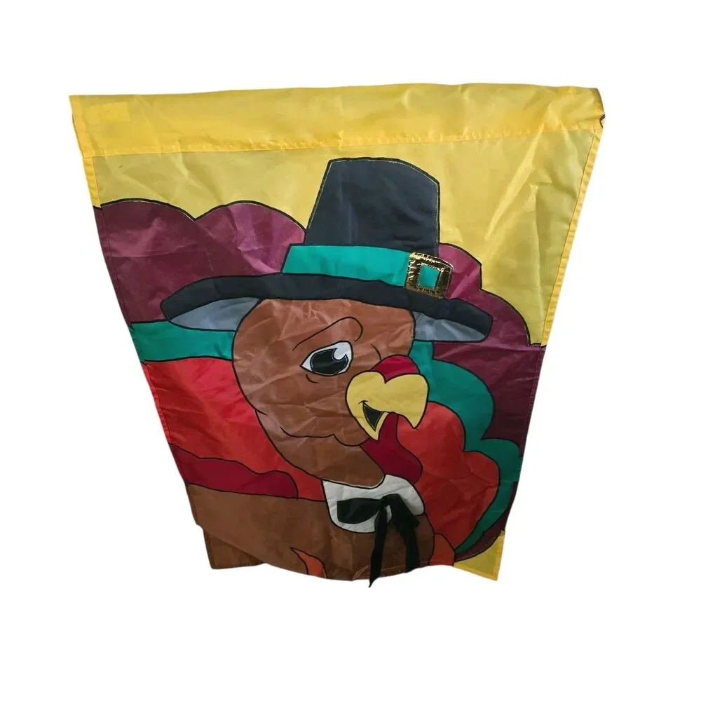 Vtg 1999 Thanksgiving Pilgrim Turkey Garden Flag 2 Sided 42